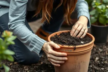 A woman planting soil into a terracotta pot, preparing for a new plant.