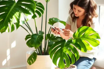 A woman tending to a lush Monstera plant in a bright, sunlit room.