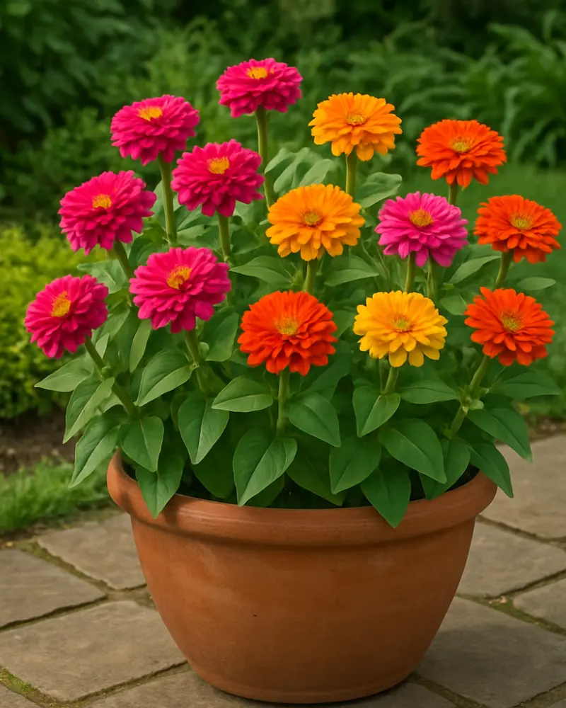 Brightly colored zinnias in shades of pink, orange, and yellow bloom vibrantly in a terracotta pot, surrounded by lush greenery.