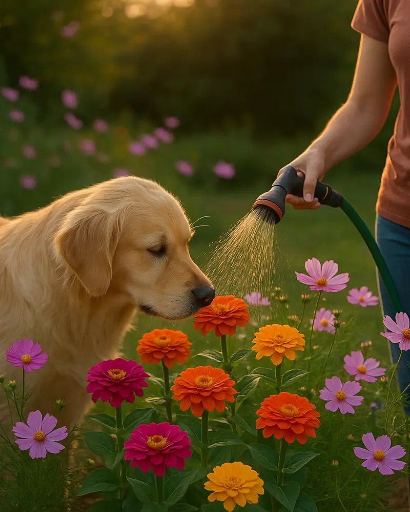 A golden retriever curiously sniffs colorful cosmos flowers as they are being watered by a person holding a hose. The scene is set against a soft, natural background with vibrant blooms.