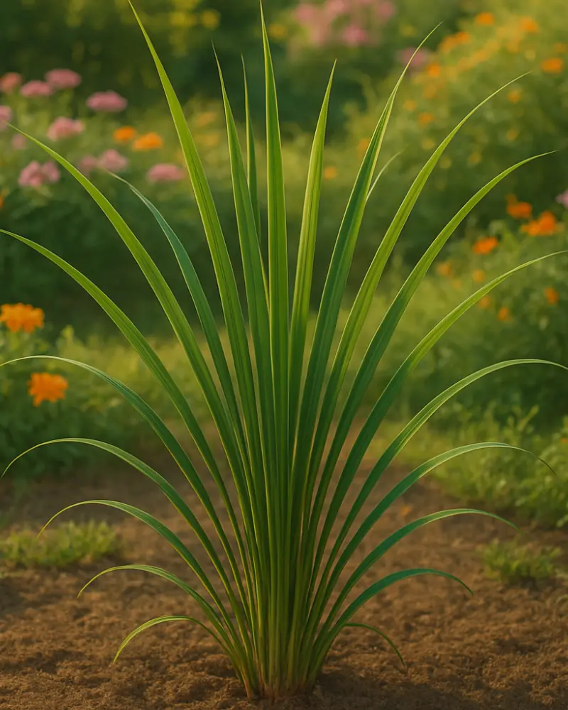 A lush green plant with long, slender leaves stands tall in a garden filled with colorful flowers in the background.