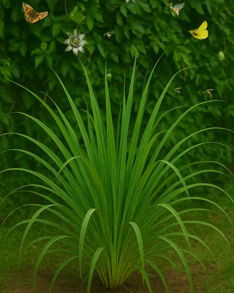 A lush green plant with long, slender leaves stands tall in a garden filled with colorful flowers in the background.