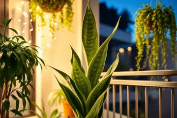 A snake plant (Sansevieria) sits gracefully on a balcony railing, illuminated by soft evening lights and surrounded by other potted plants.