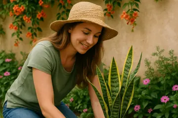 A woman wearing a straw hat and gloves is kneeling in a garden, tending to a snake plant (Sansevieria) surrounded by colorful flowers