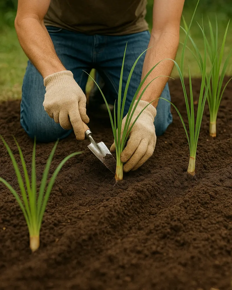 A person wearing gardening gloves carefully plants a young green plant into rich, dark soil using a small trowel.