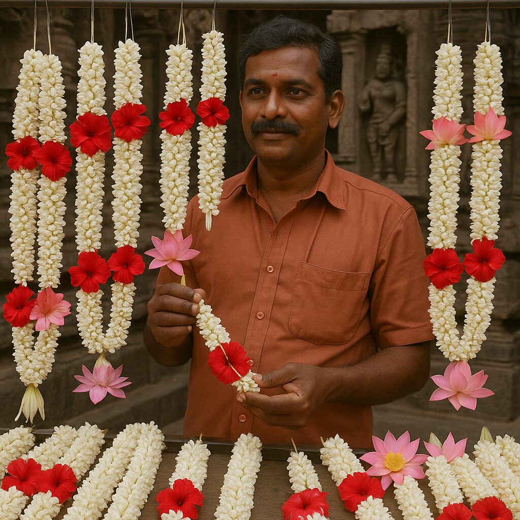 A man selling jasmine garlands outside temple